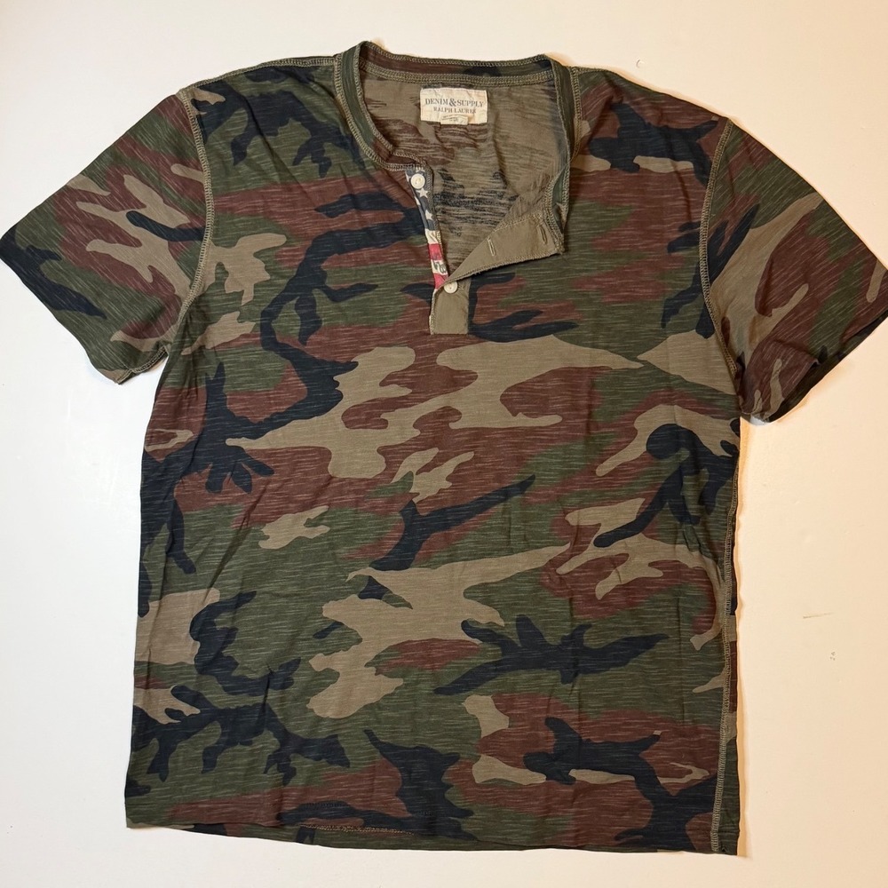 Vtg Denim & Supply Ralph Lauren Henley Mens XL Green Camo Slub Flag Placket